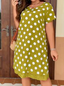 EMERY ROSE 大碼波點圖案蕾絲拼接連衣裙 - 芥末黃 - 查看 3