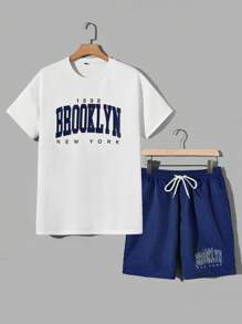 Aesthetic Post--Men Letter Graphic Tee & Drawstring Waist Shorts - Blue and White - View 1