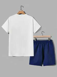 Aesthetic Post--Men Letter Graphic Tee & Drawstring Waist Shorts - Blue and White - View 2