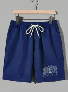 Aesthetic Post--Men Letter Graphic Tee & Drawstring Waist Shorts - Blue and White - View 8