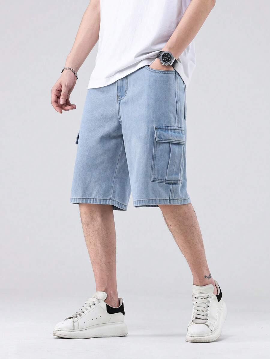 Manfinity EMRG Loose Men's Bermuda Denim Shorts With Fabric, Flap Pockets And Side Design - Light Wash - View 1