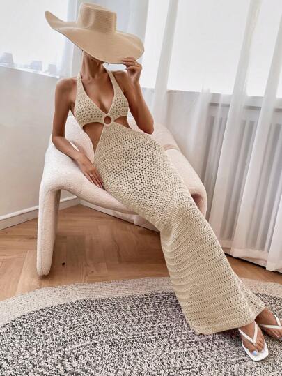 Breezaya 環鏈鏤空後背繫帶毛衣洋裝