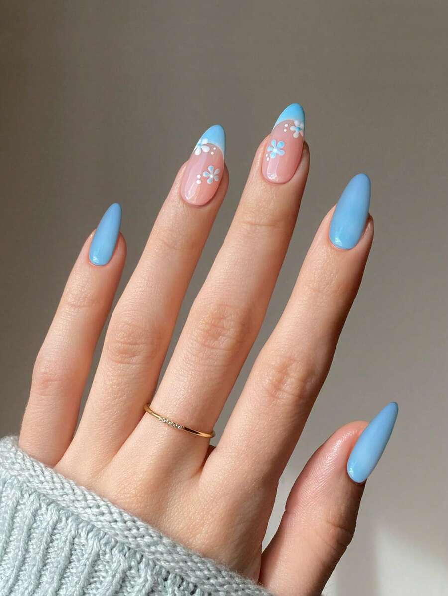 用24入組長杏仁藍色法式花朵印花假指甲和1入組指甲銼和1張膠帶升級您造型 - 彩色 - 查看 1