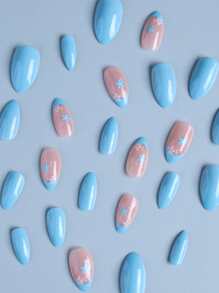 用24入組長杏仁藍色法式花朵印花假指甲和1入組指甲銼和1張膠帶升級您造型 - 彩色 - 查看 3