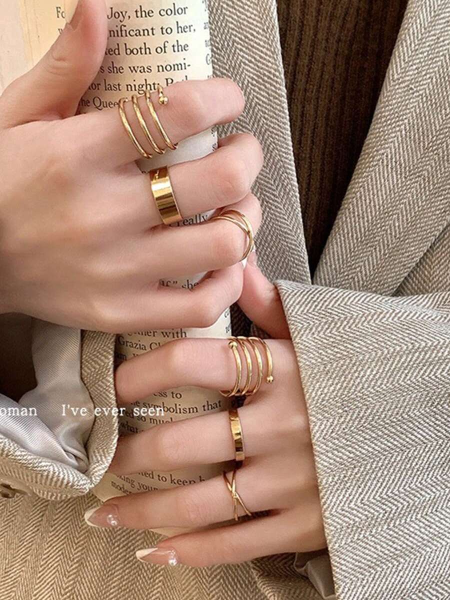 6件套几何十字设计开口戒指套装，欧美风格