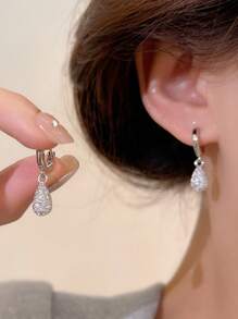 1 Cặp bông tai đính đá CZ hình giọt nước thanh lịch tối giản - Màu Bạc Cổ - Xem 4