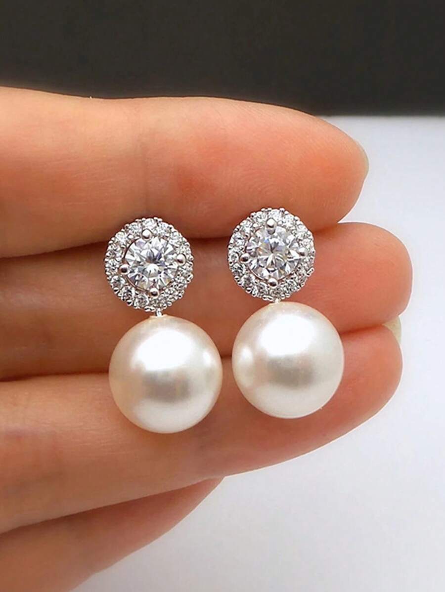 1 Pair Modern Pearl Earrings,Elegant Bridal Pearl Stud Earrings,Christmas Gift,Gift For Her (No Box) - Silver - View 1