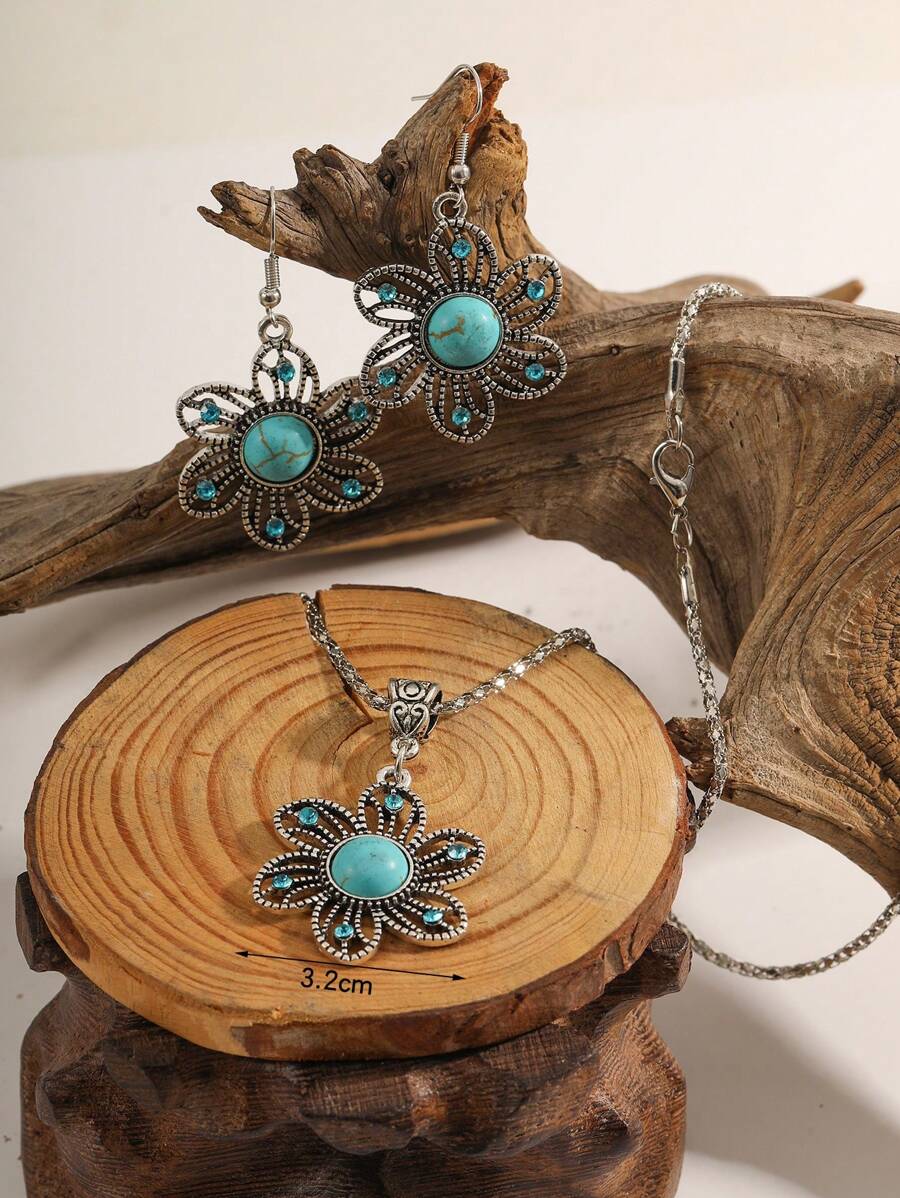 3pcs/Set Bohemian Vintage Howlite Turquoise Decor Hollow Out Flower Charm Jewelry Set For Women For Daily Life Valentines - Multicolor - View 1
