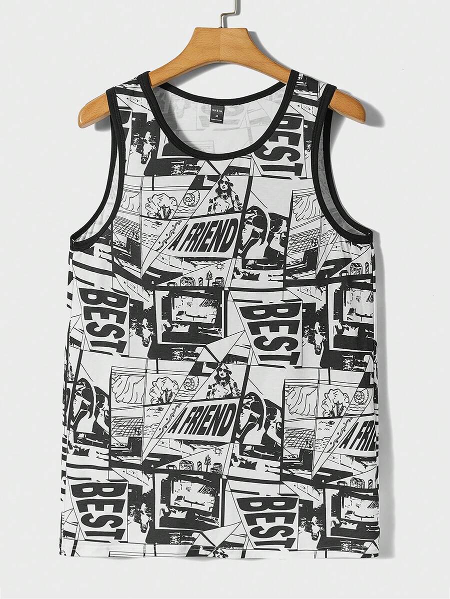 Manfinity EMRG Men Pop Art Print Contrast Binding Tank Top - Black and White - View 1