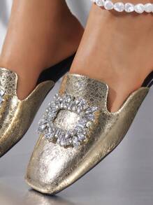 Women Metallic Rhinestone Decor Square Toe Flats, Glamorous Mule Flats For Outdoor - Gold - View 2