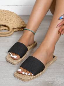 Damskie antypoślizgowe kapcie z jednym paskiem, wakacyjne czarne klapki z tkaniny na lato - Czarne - Zobacz 6