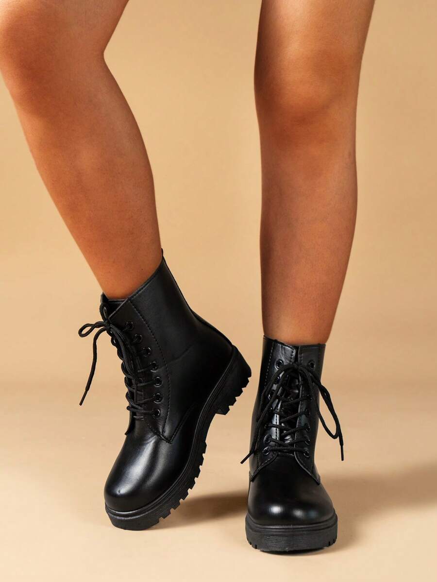Giày bốt nữ có dây buộc, bốt chiến đấu màu đen thời trang cho hoạt động ngoài trời - màu đen - Xem 1