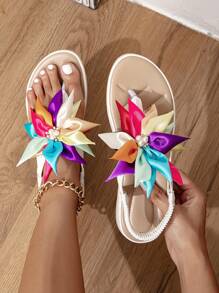 女性花和人造珍珠裝飾露跟丁字褲時尚白色平底涼鞋 - 白色 - 查看 1