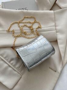 迷你链条斜挎包，鳄鱼纹，锁扣和肩带，时尚口红包 - 銀色 - 查看 2