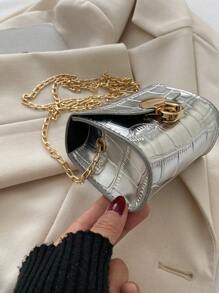 迷你链条斜挎包，鳄鱼纹，锁扣和肩带，时尚口红包 - 銀色 - 查看 4