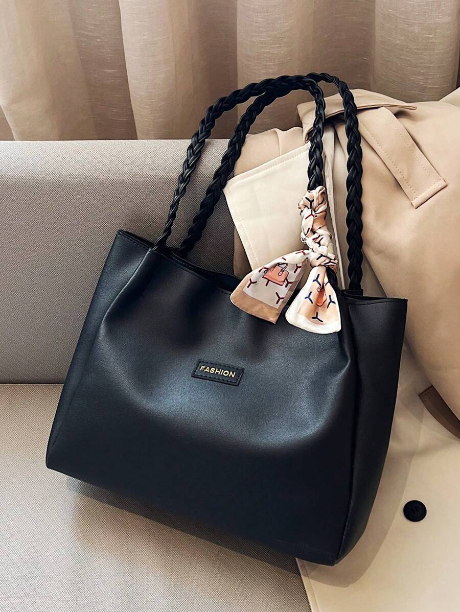 女性多功能純色手提袋，馬麗絲特PU皮革大容量肩袋，附絲巾裝飾，輕便大容量購物袋，適用於日常辦公室工作，時尚防水耐用正方形手提包，適用於母親節禮物，學校/旅行/辦公室，便攜式大容量適用於青少女/女性大學生，完美適用於辦公室、大學、中學、高中、工作、商業、上下班通勤等