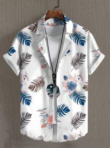 Manfinity 男士1入組熱帶圖案襯衫 - 白色 - 查看 1