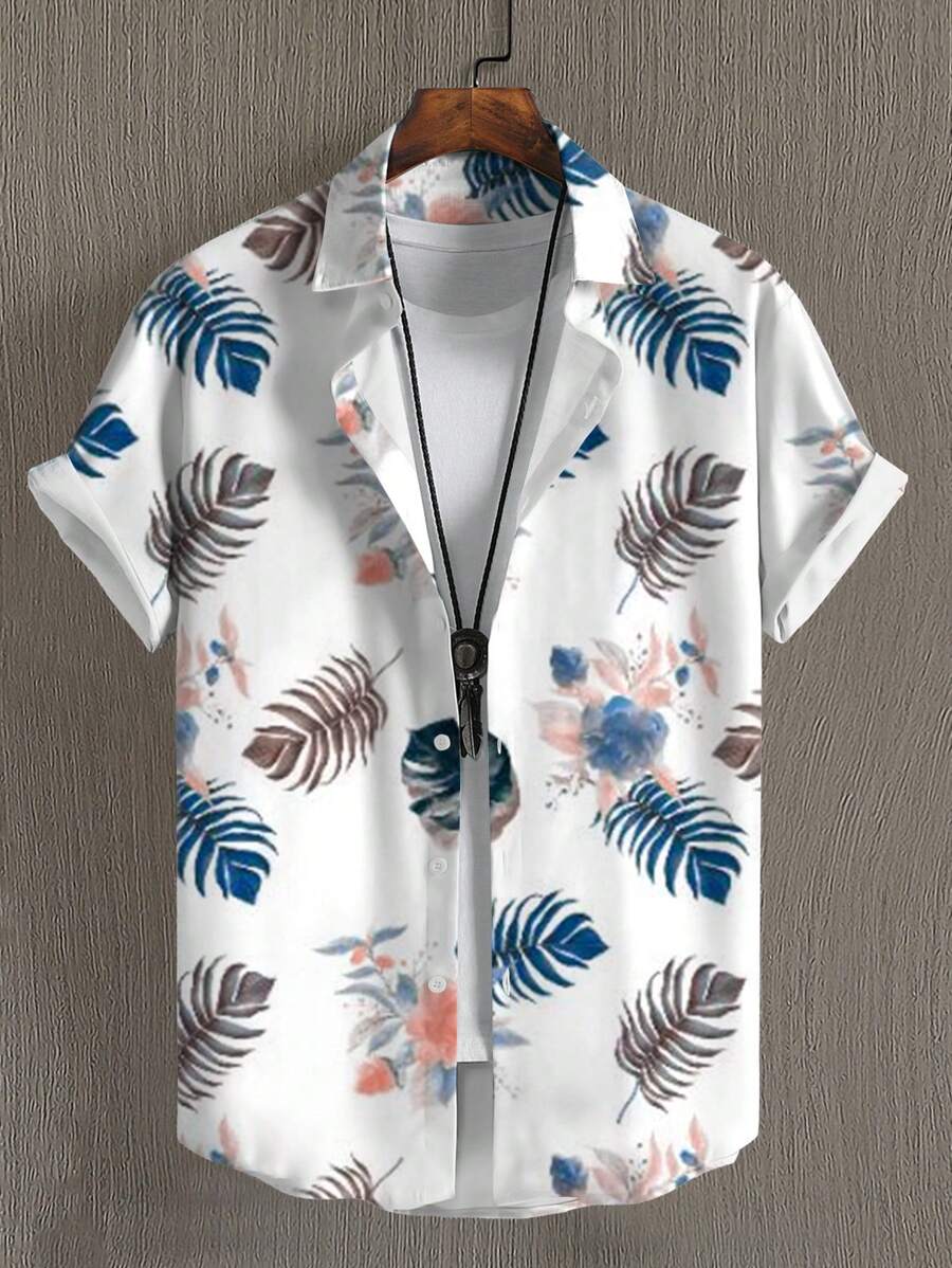 Manfinity 男士1入組熱帶圖案襯衫 - 白色 - 查看 1