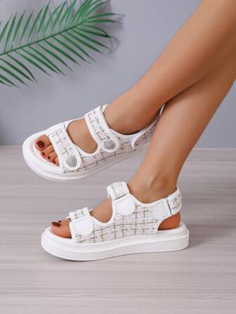 优雅女士休闲凉鞋，钩环时尚拖鞋，多功能平底水钻新款运动厚底沙滩凉鞋