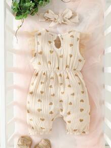 嬰兒女孩心形印花荷葉邊蝴蝶結前綁連體衣 - 杏色 - 查看 2