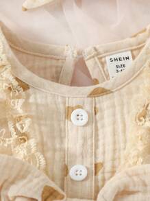 嬰兒女孩心形印花荷葉邊蝴蝶結前綁連體衣 - 杏色 - 查看 3