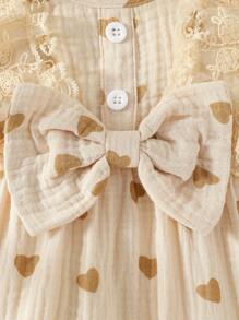 嬰兒女孩心形印花荷葉邊蝴蝶結前綁連體衣 - 杏色 - 查看 6