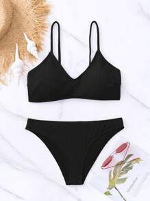 Solid Bikini Set For Summer Beach - Black - View 3