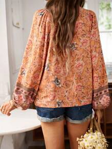SHEIN LUNE Floral Print Tie Neck Lantern Sleeve Blouse - Multicolor - View 2