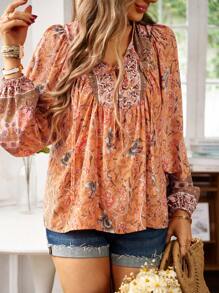 SHEIN LUNE Floral Print Tie Neck Lantern Sleeve Blouse - Multicolor - View 3