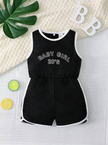 嬰兒字母圖案撞色滾邊連身短褲 - 黑色 - 查看 1