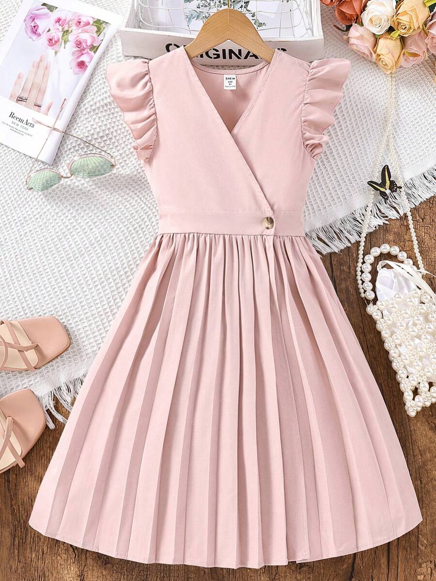 SHEIN Chicas Vestido ribete con fruncido bajo fruncido - Rosa vieja - Ver 1
