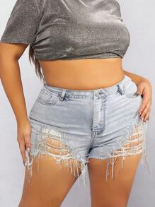 Denimoi Plus Rhinestone Fringe Trim Stretch Denim Shorts