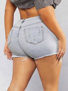 Denimoi Plus Rhinestone Fringe Trim Stretch Denim Shorts
