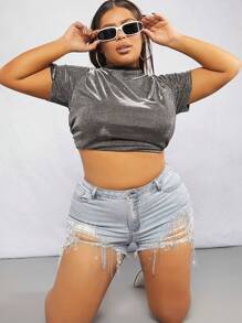 Denimoi Plus Rhinestone Fringe Trim Stretch Denim Shorts