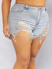 Denimoi Plus Rhinestone Fringe Trim Stretch Denim Shorts