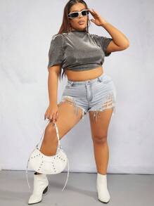 Denimoi Plus Rhinestone Fringe Trim Stretch Denim Shorts