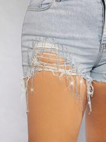 Denimoi Plus Rhinestone Fringe Trim Stretch Denim Shorts