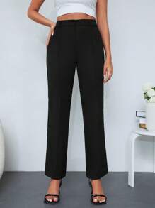 RueChic Solid Zipper Fly Straight Leg Pants - Black - View 1