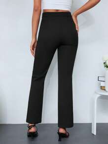RueChic Solid Zipper Fly Straight Leg Pants - Black - View 2