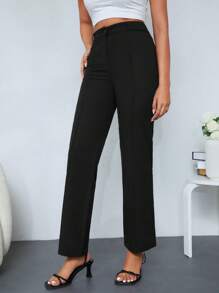 RueChic Solid Zipper Fly Straight Leg Pants - Black - View 3