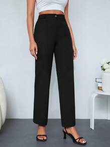 RueChic Solid Zipper Fly Straight Leg Pants - Black - View 5