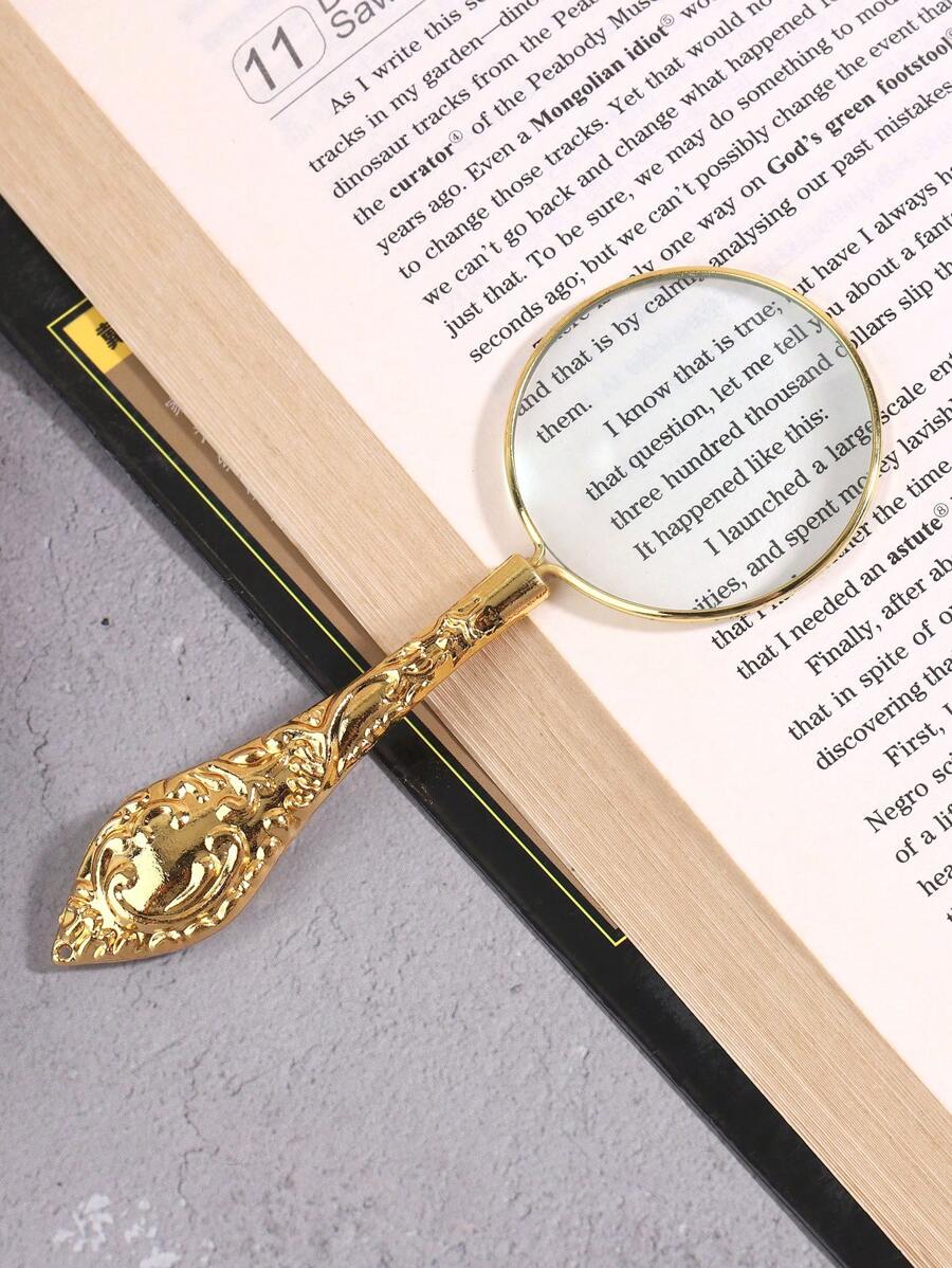 1pc Metallic Textured Glass Magnifier, Elegant Portable Magnifier For Office, School, Student, Reading Book - Gold - View 1
