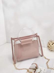 Clear Square Bag With Pink Inner Pouch Double Handle For Daily - Pink - View 1
