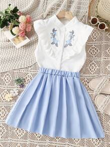 Girls Floral Embroidery Ruffle Trim Blouse & Pleated Skirt - Blue and White - View 1