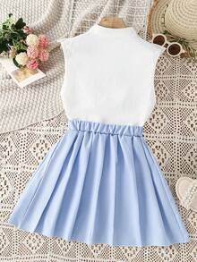 Girls Floral Embroidery Ruffle Trim Blouse & Pleated Skirt - Blue and White - View 2