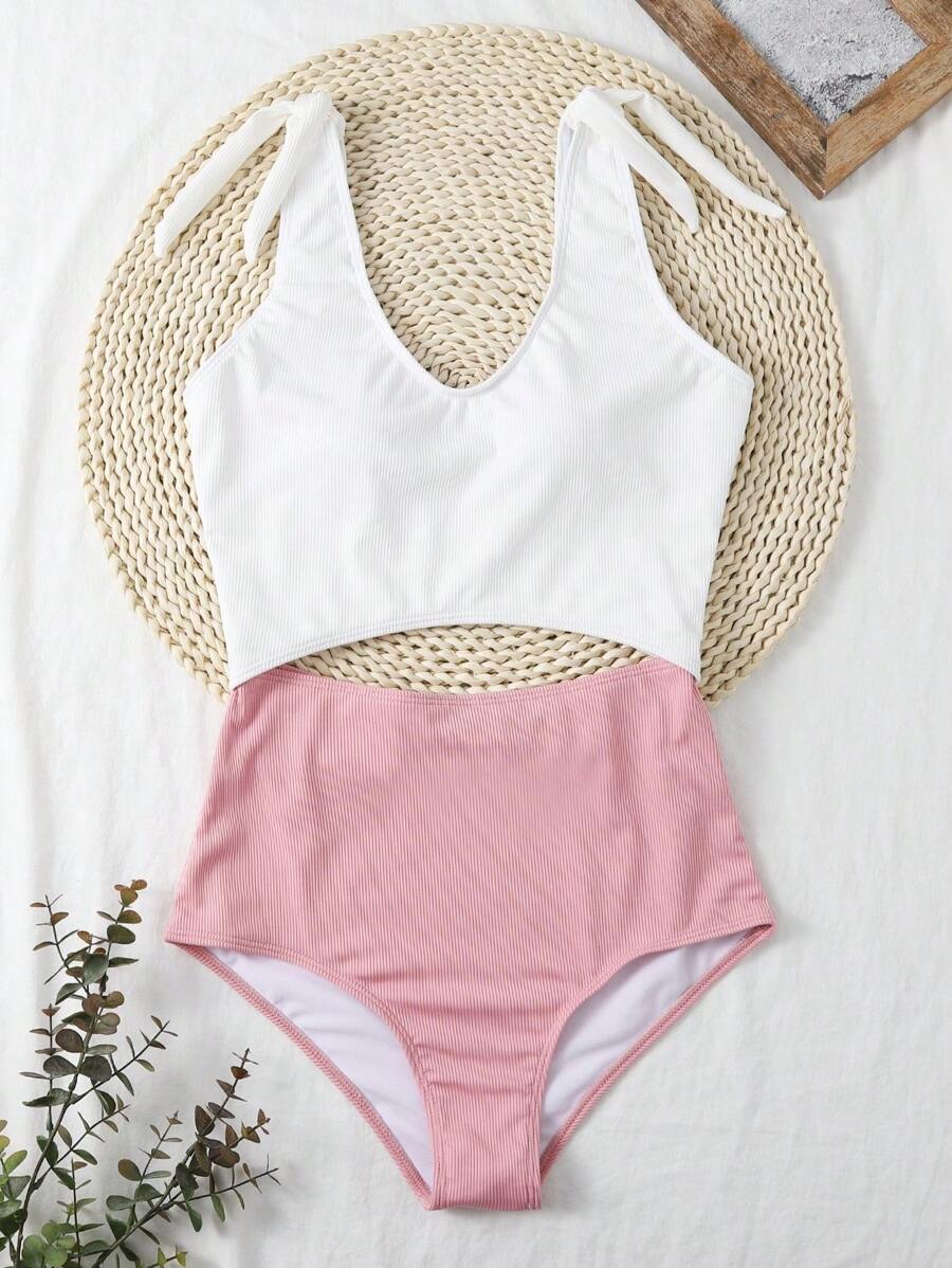 Two Tone Cut Out Tie Shoulder One Piece Swimsuit Summer - Pink - View 1