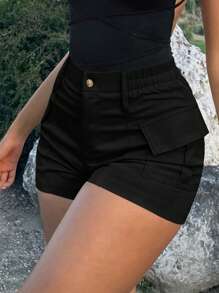 SHEIN SXY Summer Solid Flap Pocket Shorts - Black - View 6