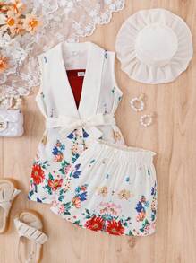 SHEIN 小女童印花外套馬甲和紙袋腰短褲和吊帶上衣和配件帽 - 白色 - 查看 1