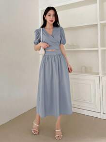 DAZY Puff Sleeve Tie Back Crop Blouse & Skirt - Blue - View 1