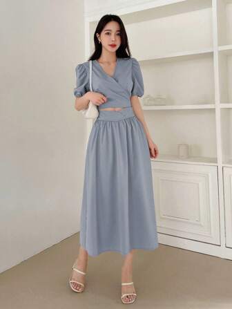 DAZY Puff Sleeve Tie Back Crop Blouse & Skirt